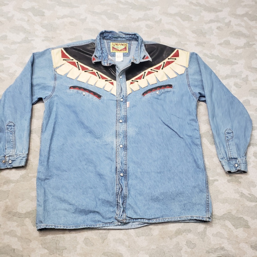 Vintage Shooter Denim Western Shirt Mens Large Blue Yoke Pearl Snap Long Sleeve